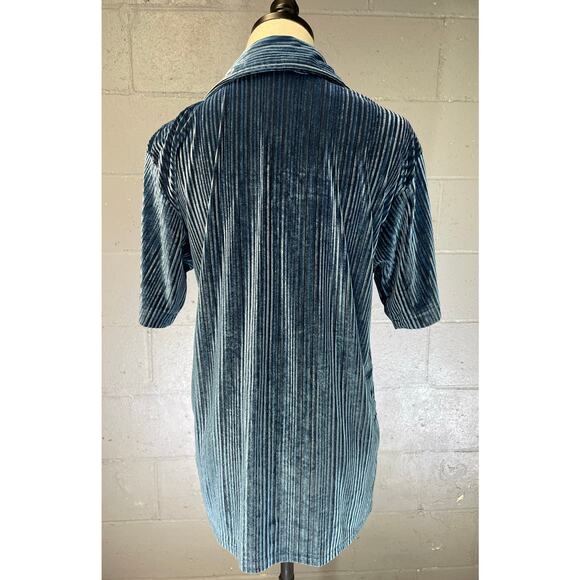 Vintage 1990s Steel Blue Velour Button Up Shirt Epidemic Small Rave Club Disco - Picture 5 of 8